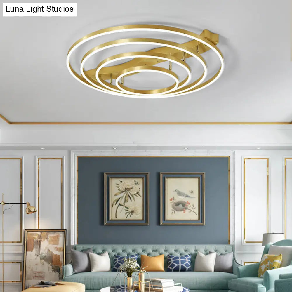 Gold Finish Ring Ceiling Mounted Led Semi Flush Light With Artistic Metal Detailing