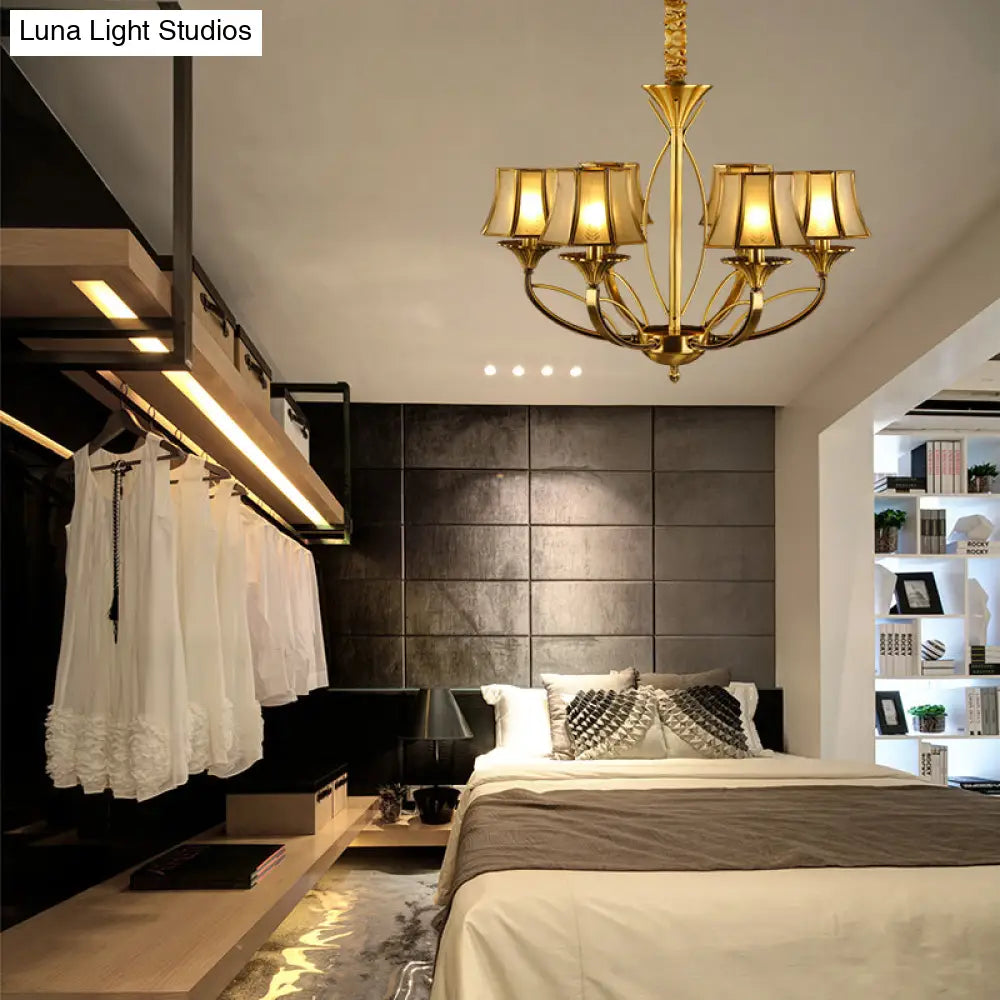 Gold Flared Chandelier With Frosted White Glass Shades - 5/6/8 Heads Pendant Light For Living Room