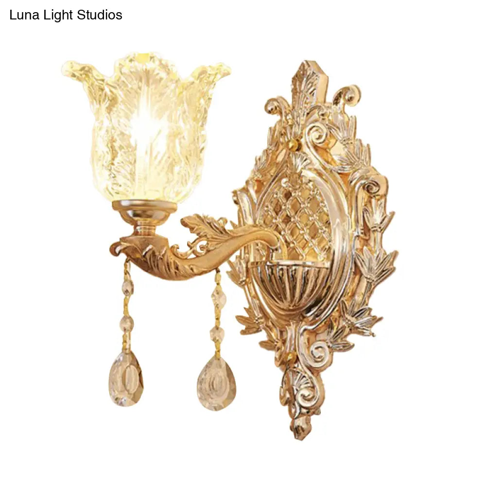 Gold Floral Glass Wall Light With Ruffled Shade - Bedroom Mounted Lamp