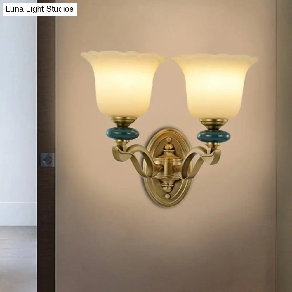 Gold Flower Frosted Glass Wall Lamp - Traditional Indoor 1/2-Light