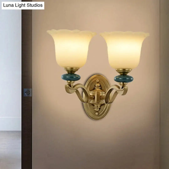 Gold Flower Frosted Glass Wall Lamp - Traditional Indoor 1/2-Light