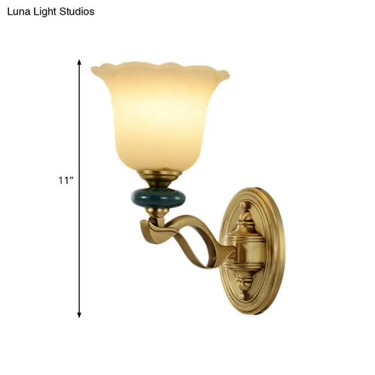 Gold Flower Frosted Glass Wall Lamp - Traditional Indoor 1/2-Light
