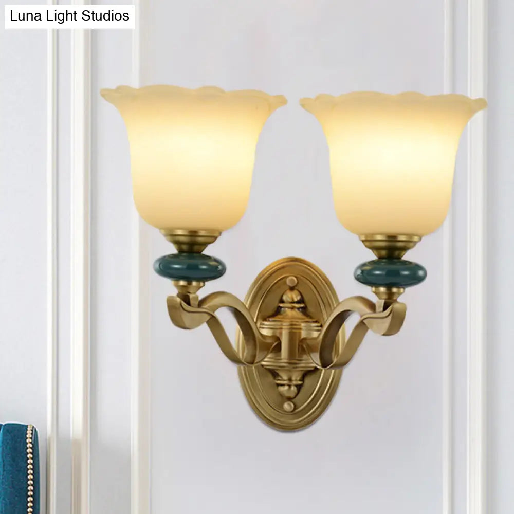 Gold Flower Frosted Glass Wall Lamp - Traditional Indoor 1/2-Light