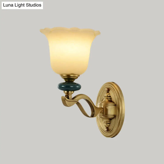 Gold Flower Frosted Glass Wall Lamp - Traditional Indoor 1/2-Light