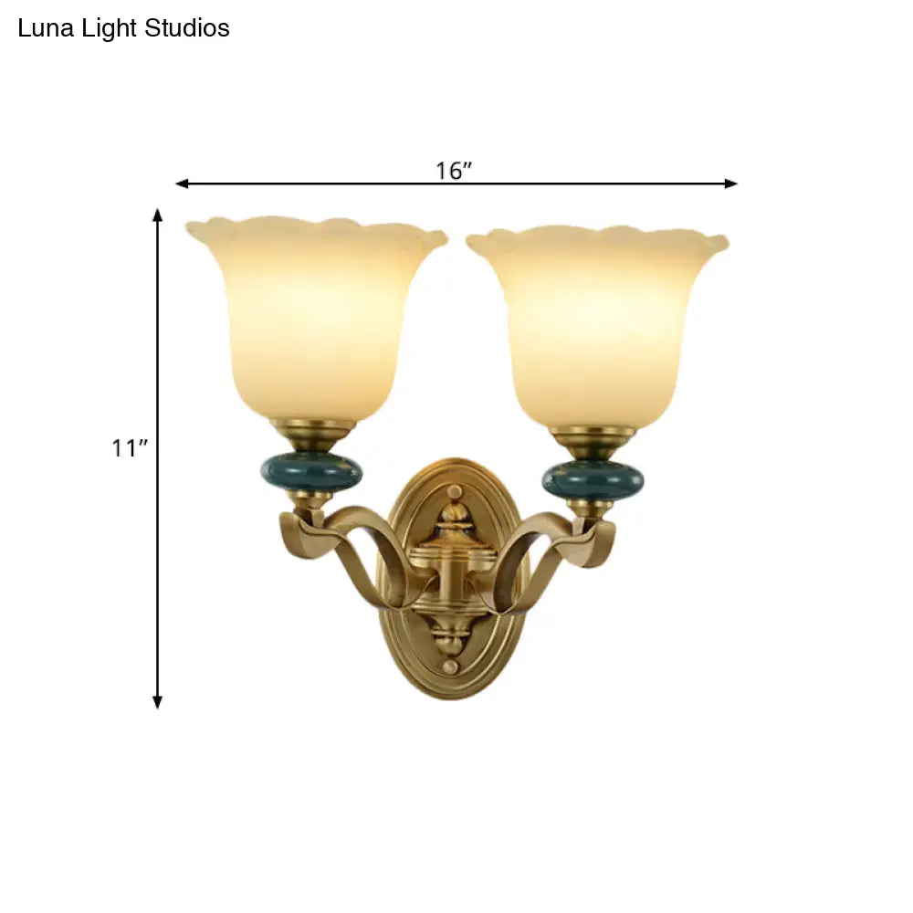 Gold Flower Frosted Glass Wall Lamp - Traditional Indoor 1/2-Light