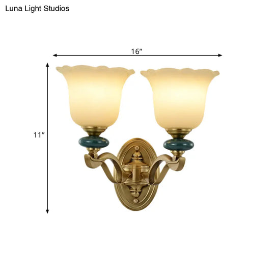 Gold Flower Frosted Glass Wall Lamp - Traditional Indoor 1/2-Light