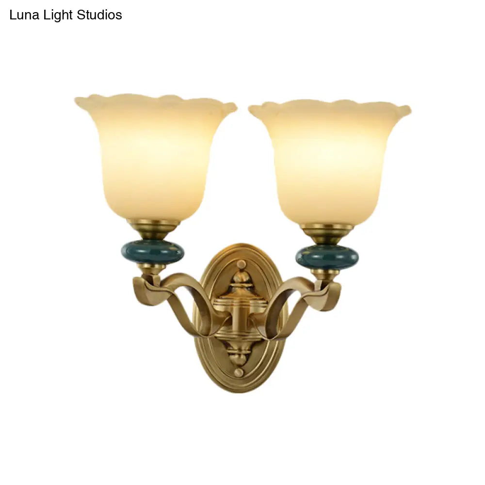 Gold Flower Frosted Glass Wall Lamp - Traditional Indoor 1/2-Light