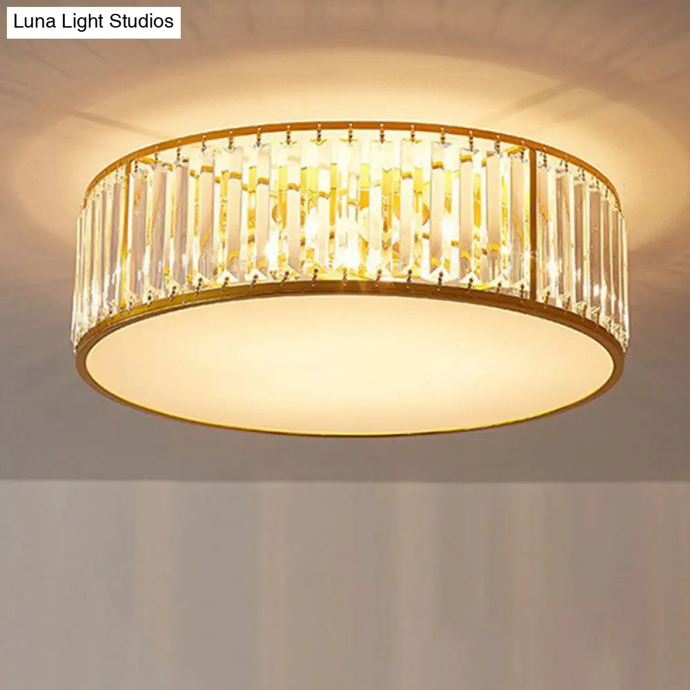 Gold Flush Mount Ceiling Lamp With Crystal Drum Shade For Modern Bedrooms