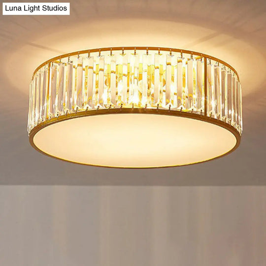 Gold Flush Mount Ceiling Lamp With Crystal Drum Shade For Modern Bedrooms