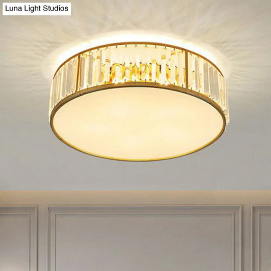 Gold Flush Mount Ceiling Lamp With Crystal Drum Shade For Modern Bedrooms