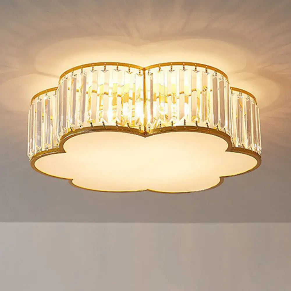 Gold Flush Mount Ceiling Lamp With Crystal Drum Shade For Modern Bedrooms / B