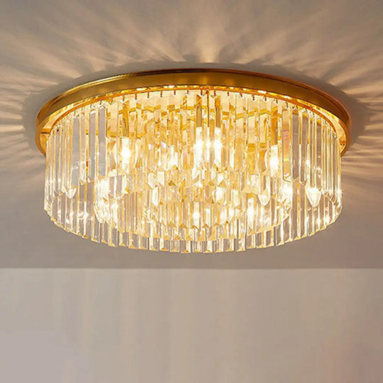 Gold Flush Mount Ceiling Lamp With Crystal Drum Shade For Modern Bedrooms / C