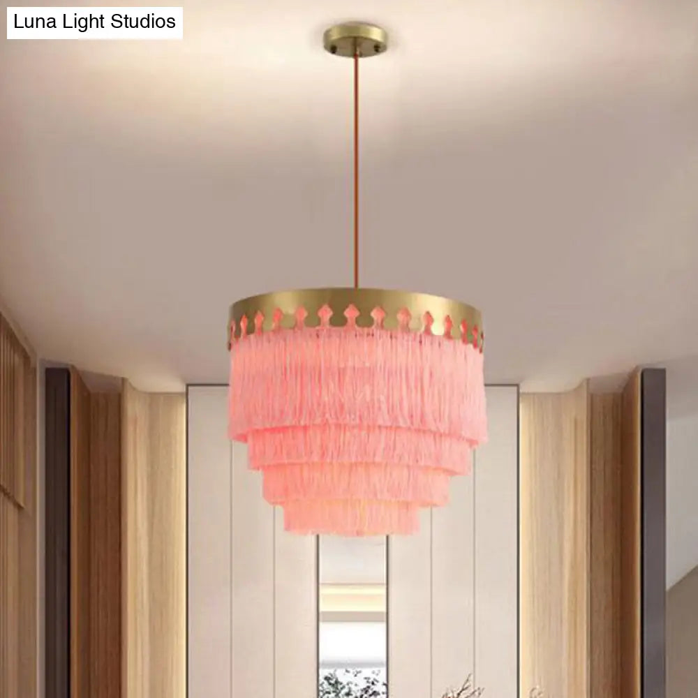 Gold Fringed Single-Bulb Living Room Pendant Light Fixture - Tiered Suspension Design