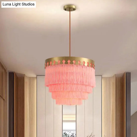 Gold Fringed Single-Bulb Living Room Pendant Light Fixture - Tiered Suspension Design