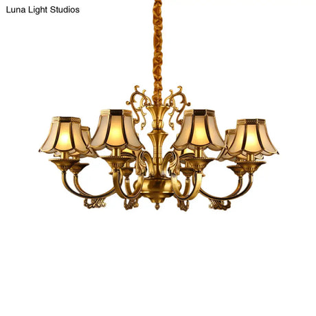 Gold Frosted Glass Pendant Chandelier With Scalloped Design And Colonial Styling - 3/5/6 Bulbs