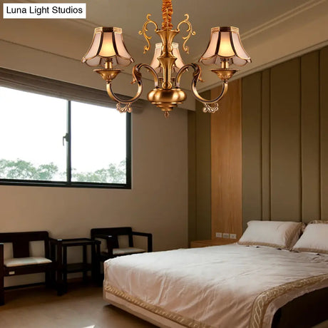 Gold Frosted Glass Pendant Chandelier With Scalloped Design And Colonial Styling - 3/5/6 Bulbs