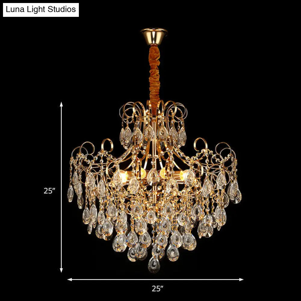 Industrial Gold Geometric Metal Chandelier Pendant Light With Crystal Teardrop Shade - 5/6/8 Bulbs
