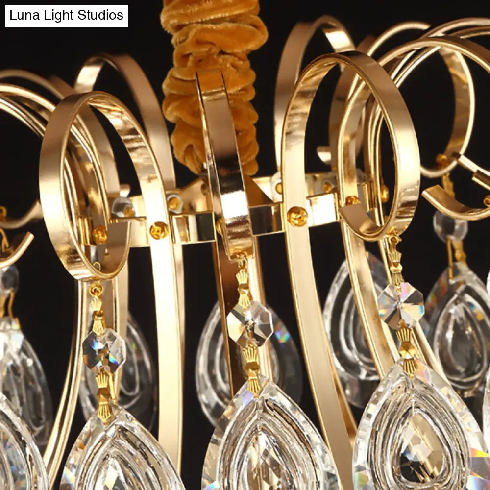 Industrial Gold Geometric Metal Chandelier Pendant Light With Crystal Teardrop Shade - 5/6/8 Bulbs