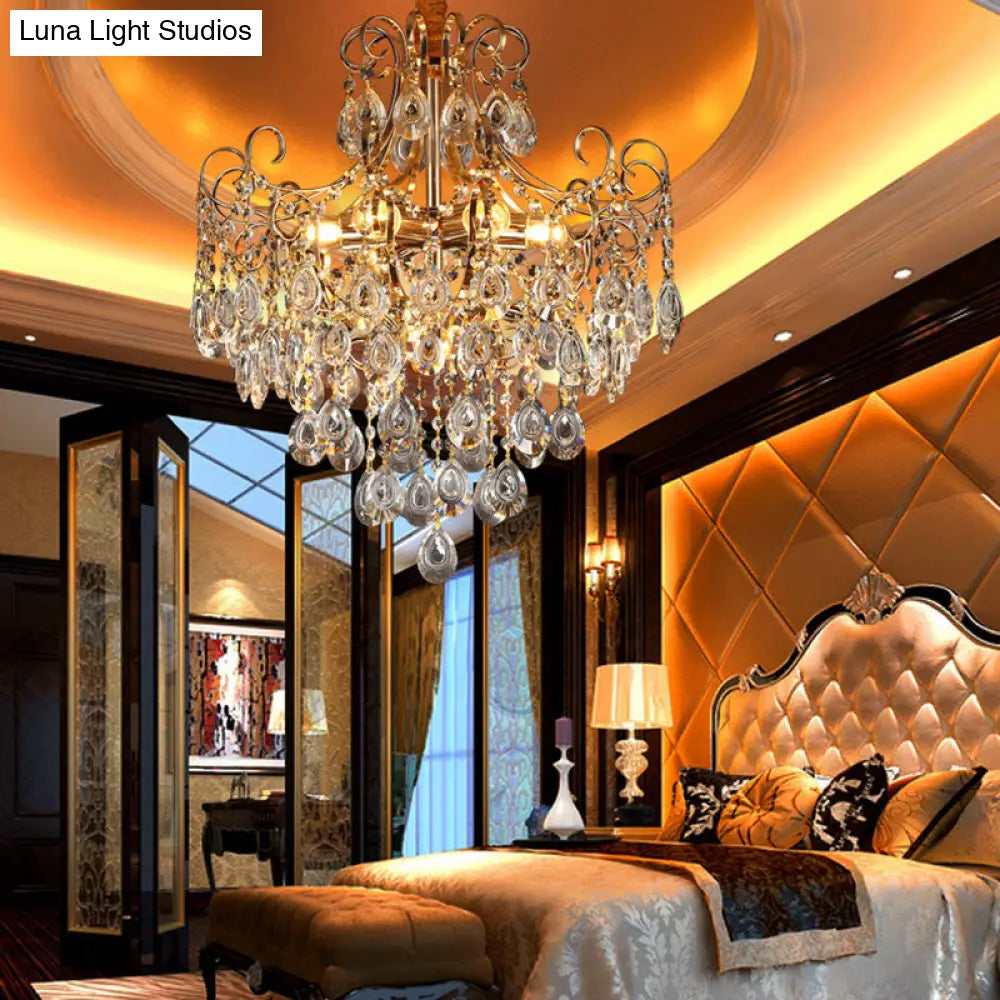 Industrial Gold Geometric Metal Chandelier Pendant Light With Crystal Teardrop Shade - 5/6/8 Bulbs