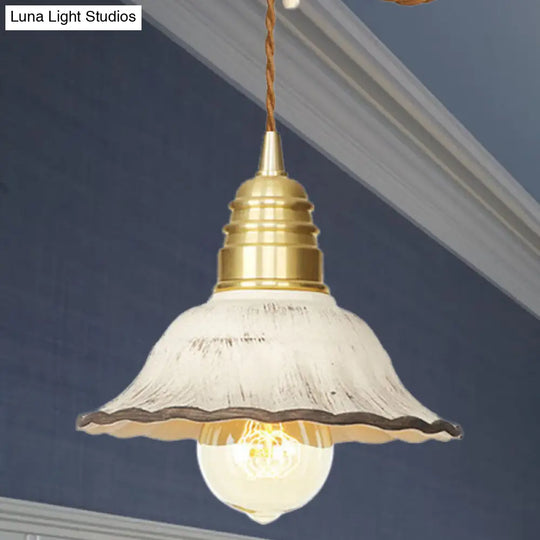 Scalloped Industrial-Style Hanging Light Kit - 1 Head Ceramics Pendant Lamp In Gold