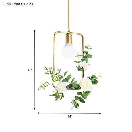 Gold Iron Rectangle/Round Frame Pendant Light With Artificial Bloom Deco - Stylish Suspended