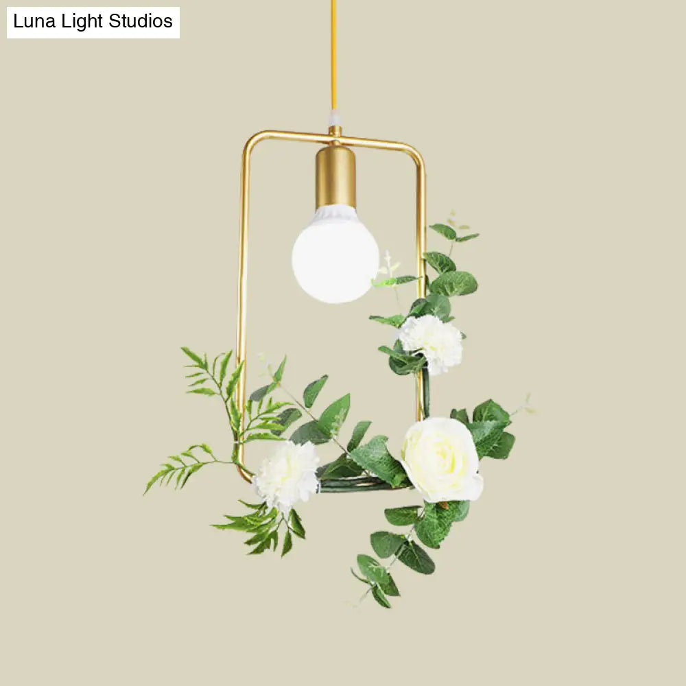 Gold Iron Rectangle/Round Frame Pendant Light With Artificial Bloom Deco - Stylish Suspended