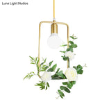 Gold Iron Rectangle/Round Frame Pendant Light With Artificial Bloom Deco - Stylish Suspended