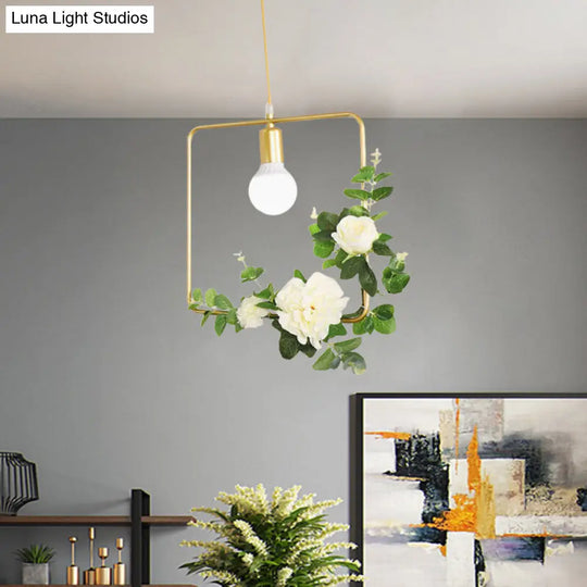 Gold Iron Warehouse Pendant Light With Artistic Deco - Rectangle/Round Frame 1 Head For Living Room