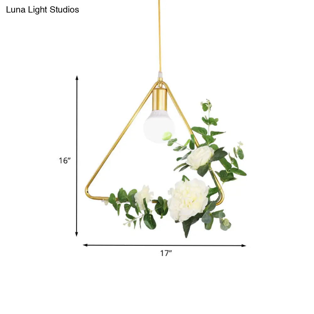 Gold Iron Rectangle/Round Frame Pendant Light With Artificial Bloom Deco - Stylish Suspended