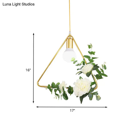 Gold Iron Rectangle/Round Frame Pendant Light With Artificial Bloom Deco - Stylish Suspended