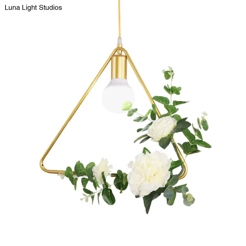 Gold Iron Rectangle/Round Frame Pendant Light With Artificial Bloom Deco - Stylish Suspended