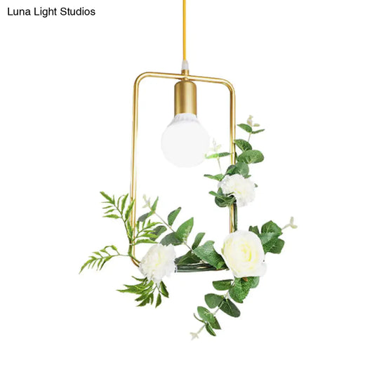Gold Iron Warehouse Pendant Light With Artistic Deco - Rectangle/Round Frame 1 Head For Living Room