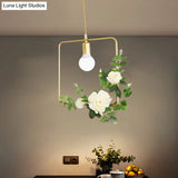 Gold Iron Rectangle/Round Frame Pendant Light With Artificial Bloom Deco - Stylish Suspended