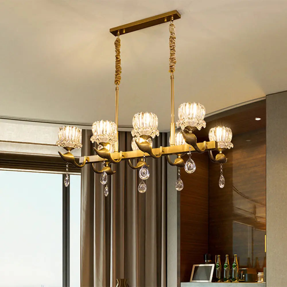 Gold Island Chandelier With Crystal Draping And 8-Head Floral Design For Contemporary Dining Room