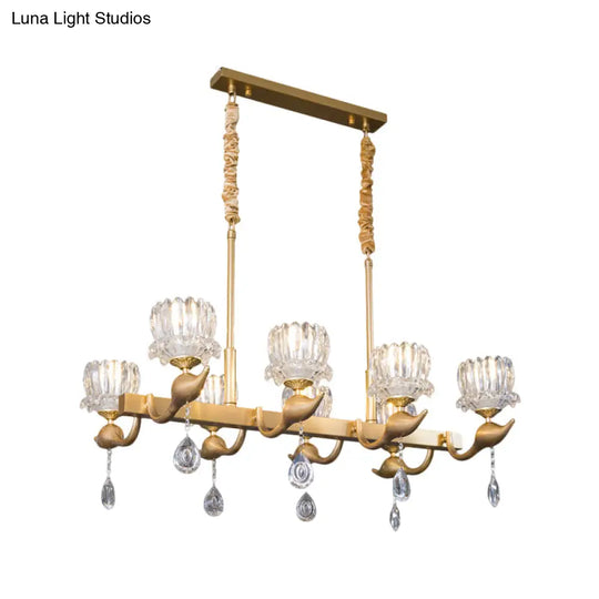 Gold Island Chandelier With Crystal Draping And 8-Head Floral Design For Contemporary Dining Room