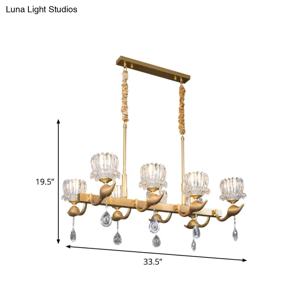 Gold Island Chandelier With Crystal Draping And 8-Head Floral Design For Contemporary Dining Room