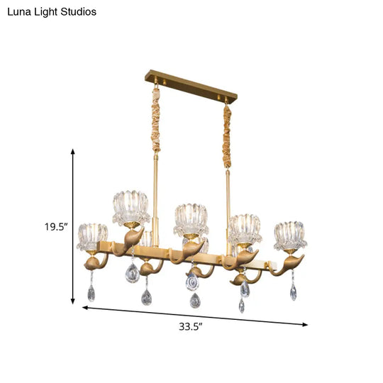 Gold Island Chandelier With Crystal Draping And 8-Head Floral Design For Contemporary Dining Room