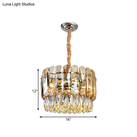 Gold K9 Crystal 6-Bulb Chandelier - Modern Drum Shape 2-Tier Ceiling Light