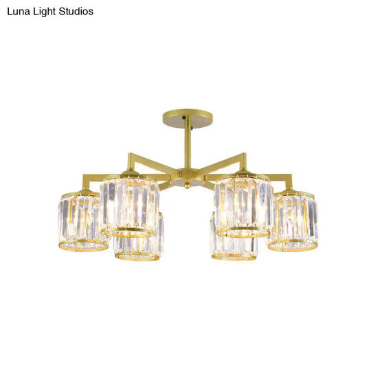 Gold K9 Crystal Cylinder Semi Flush Postmodern Ceiling Mount - 3/6 Bulb Living Room Fixture