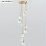 Gold Lattice Glass Staircase Pendant - Bell Shade 10-Head Simplicity Multi Light Gold
