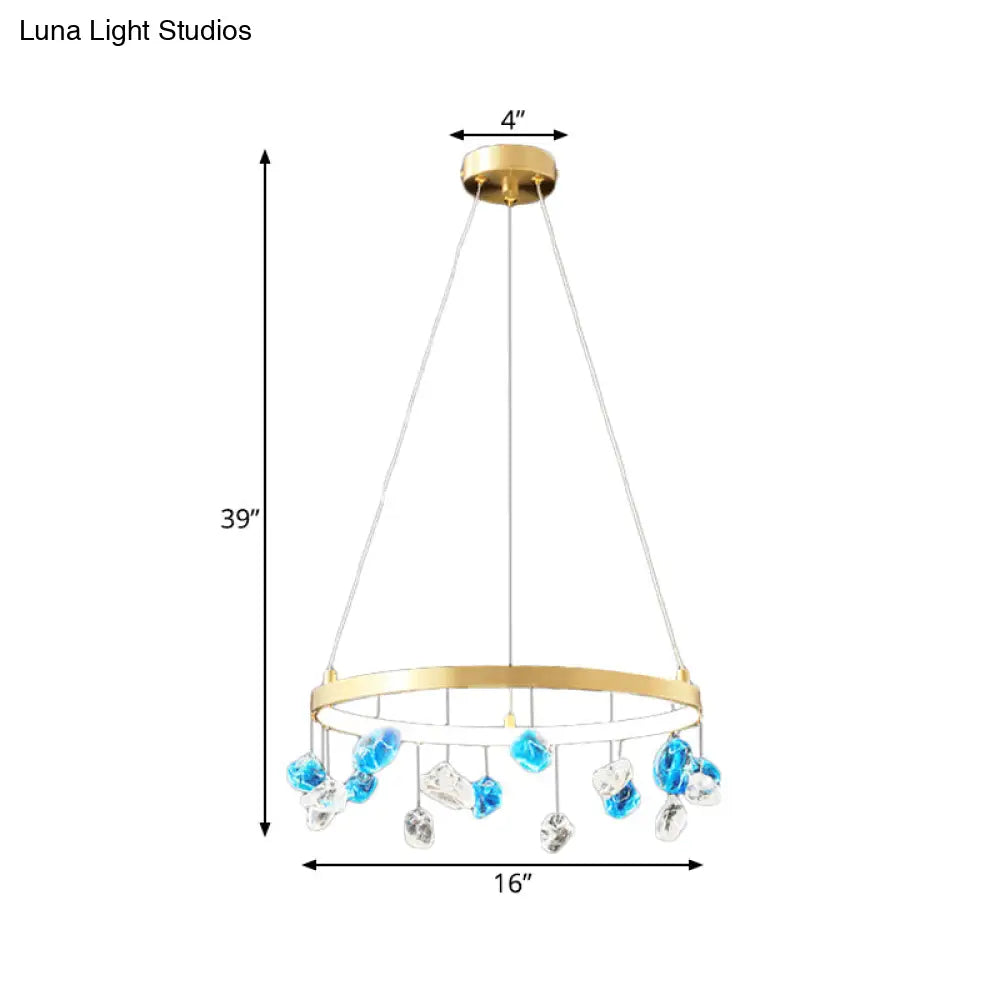 Gold Led Chandelier With Colored Gem Droplet - Mid Century Circle Pendant Lighting 16’/19.5’ Wide