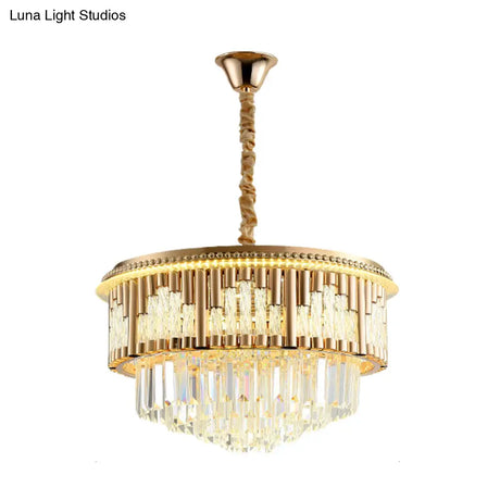 Gold Led Crystal Rod Pendant Chandelier - Modern Layered Style For Bedroom Lighting