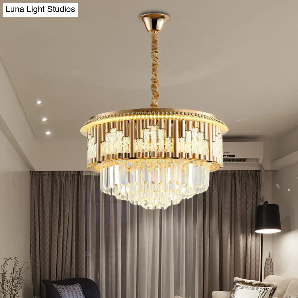Gold Led Crystal Rod Pendant Chandelier - Modern Layered Style For Bedroom Lighting