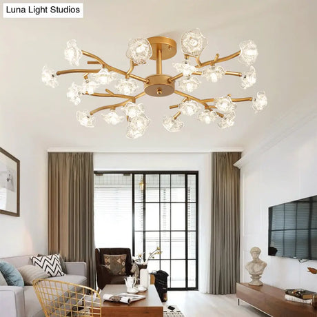 Gold Led Semi - Flush Ceiling Light With Crystal Flower Design And 18/24 Bulbs