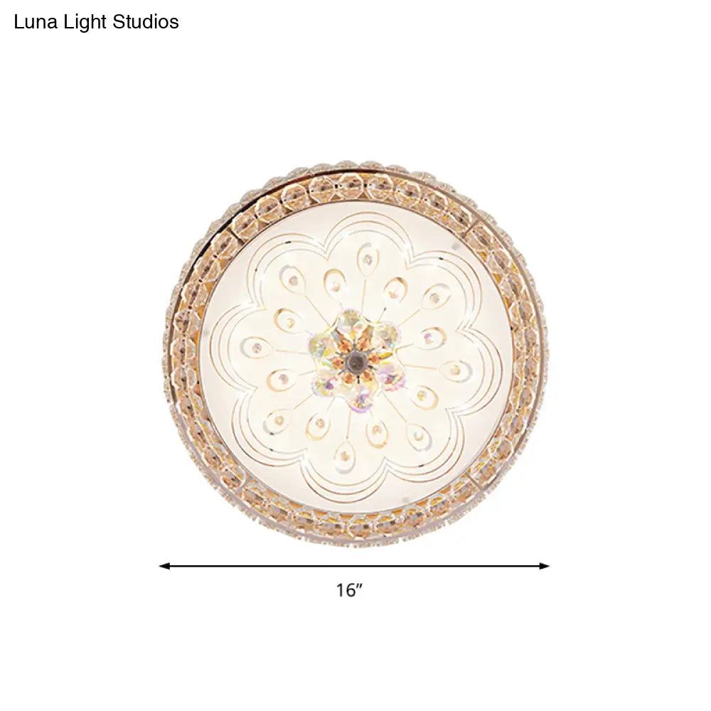 Gold Metal And Crystal Led Flushed Ceiling Light With Peacock/Floral Pattern - 16’/19.5’ Wide