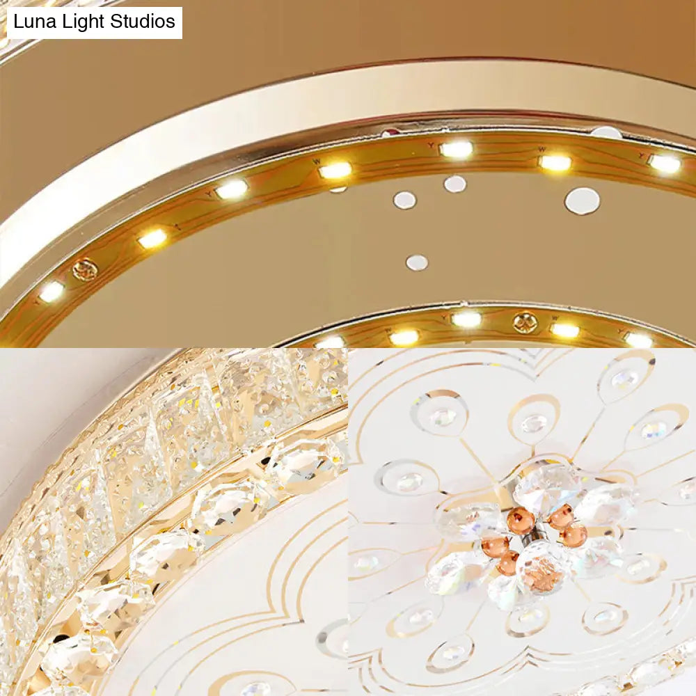 Gold Metal And Crystal Led Flushed Ceiling Light With Peacock/Floral Pattern - 16’/19.5’ Wide