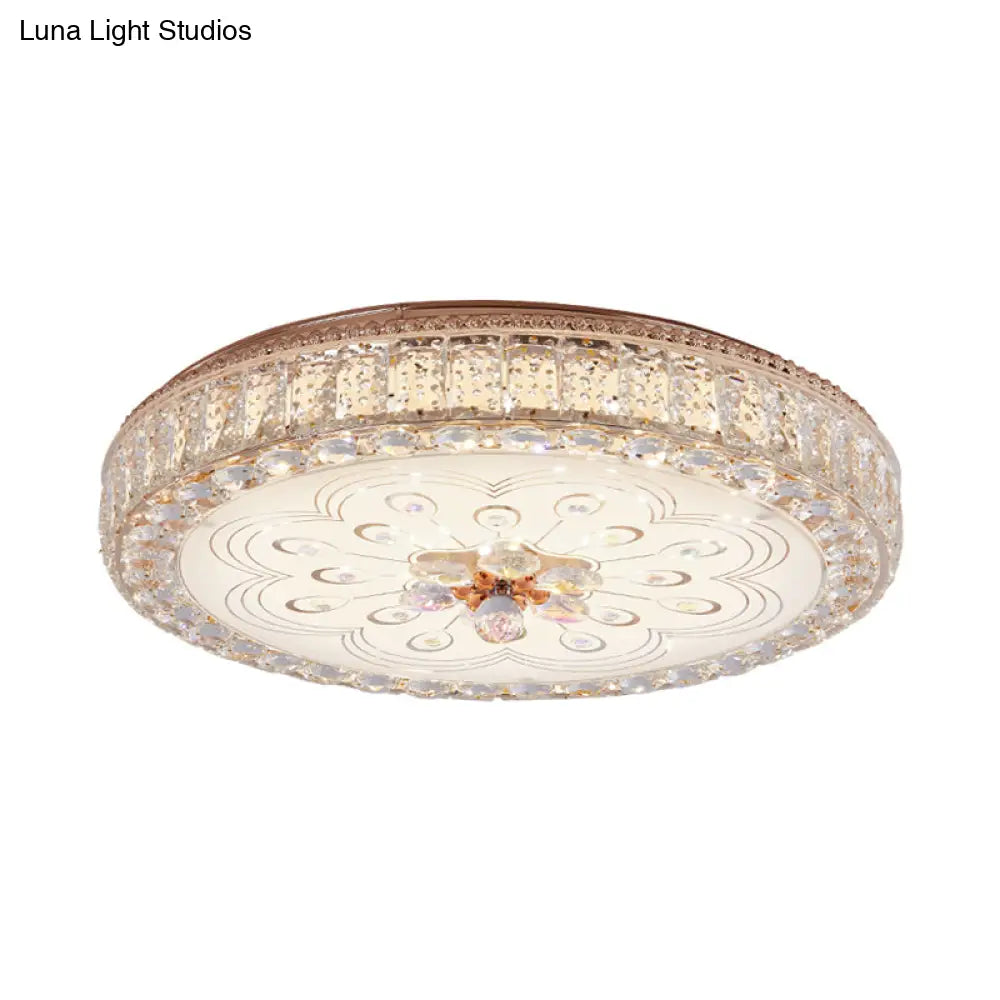 Gold Metal And Crystal Led Flushed Ceiling Light With Peacock/Floral Pattern - 16/19.5 Wide