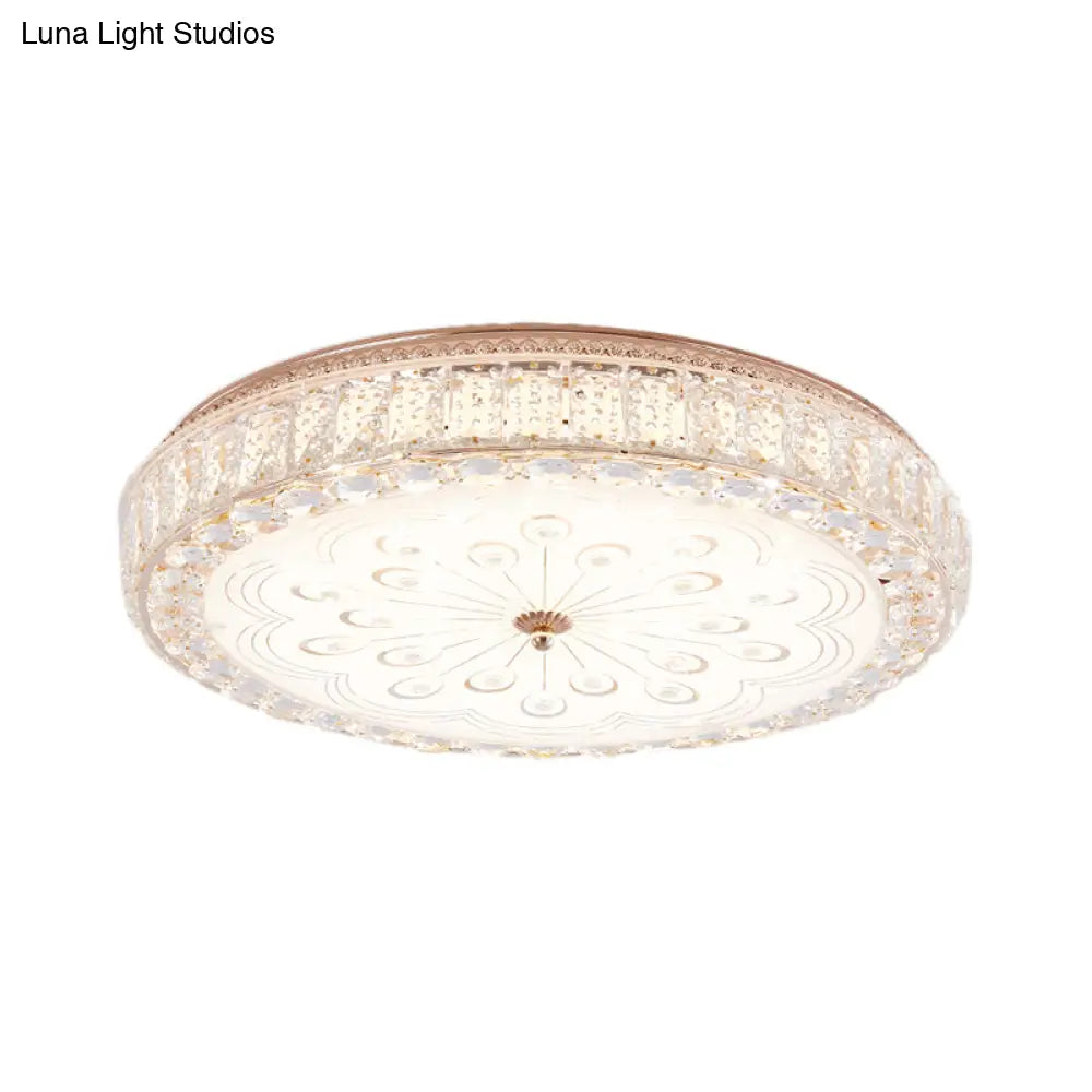 Gold Metal And Crystal Led Flushed Ceiling Light With Peacock/Floral Pattern - 16’/19.5’ Wide