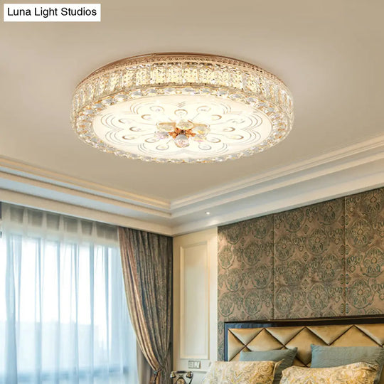 Gold Metal And Crystal Led Flushed Ceiling Light With Peacock/Floral Pattern - 16’/19.5’ Wide