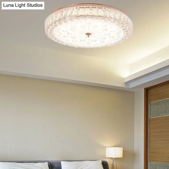 Gold Metal And Crystal Led Flushed Ceiling Light With Peacock/Floral Pattern - 16’/19.5’ Wide
